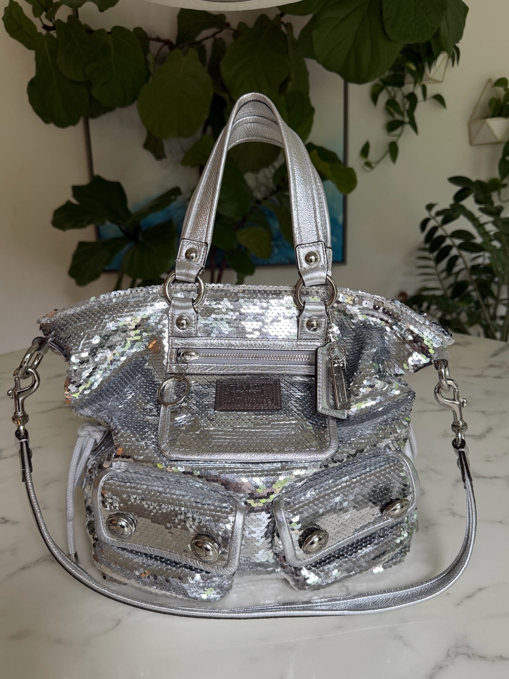 Coach Limited Edition Poppy Sequin Spotlight  Tote Shoulder Bag 13821 Silver Y2K